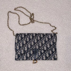 Dior Saddle Wallet On Chain (Saddle Pouch) in Blue Oblique Jacquard